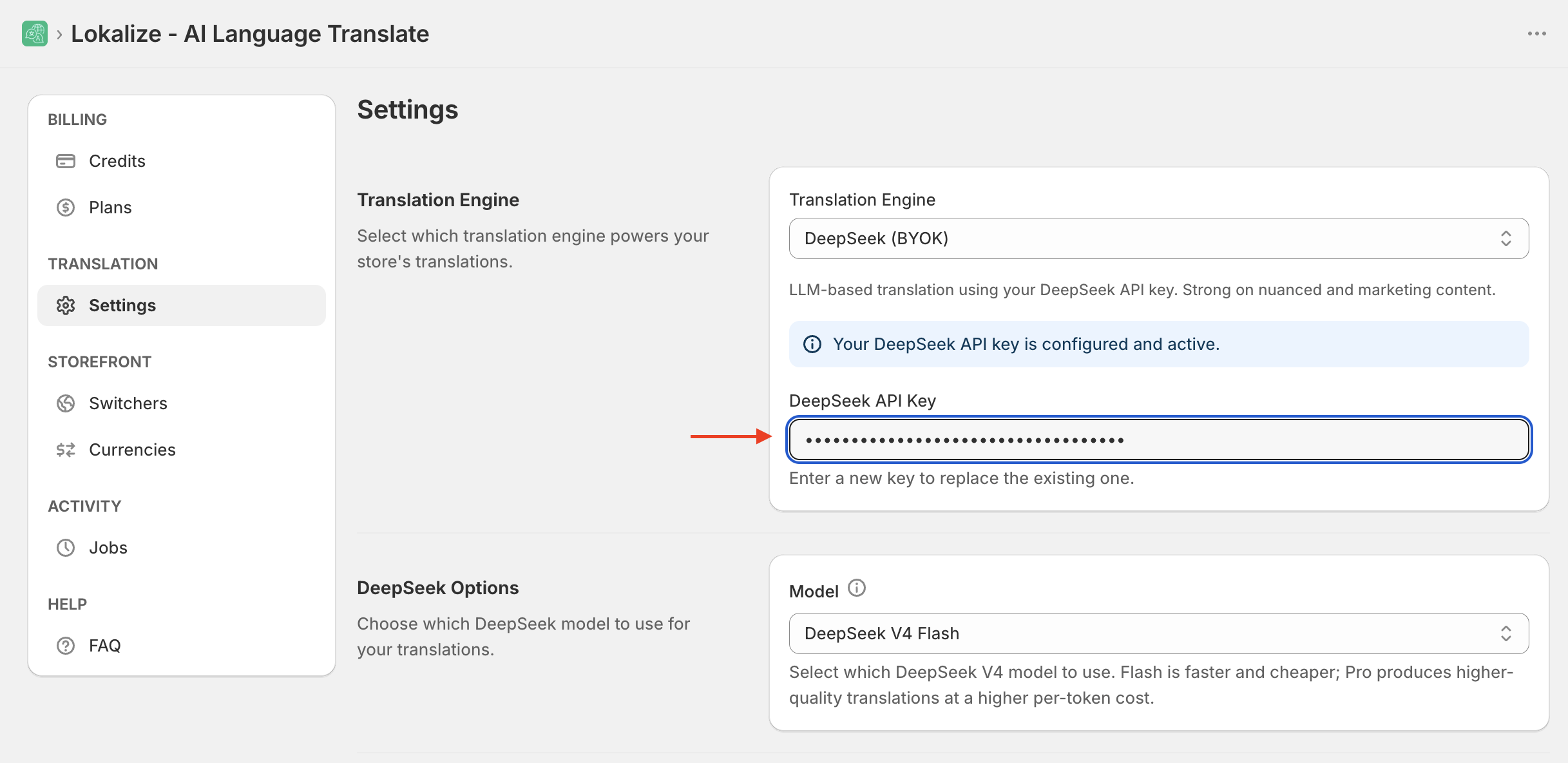 API key input field in Translation Settings