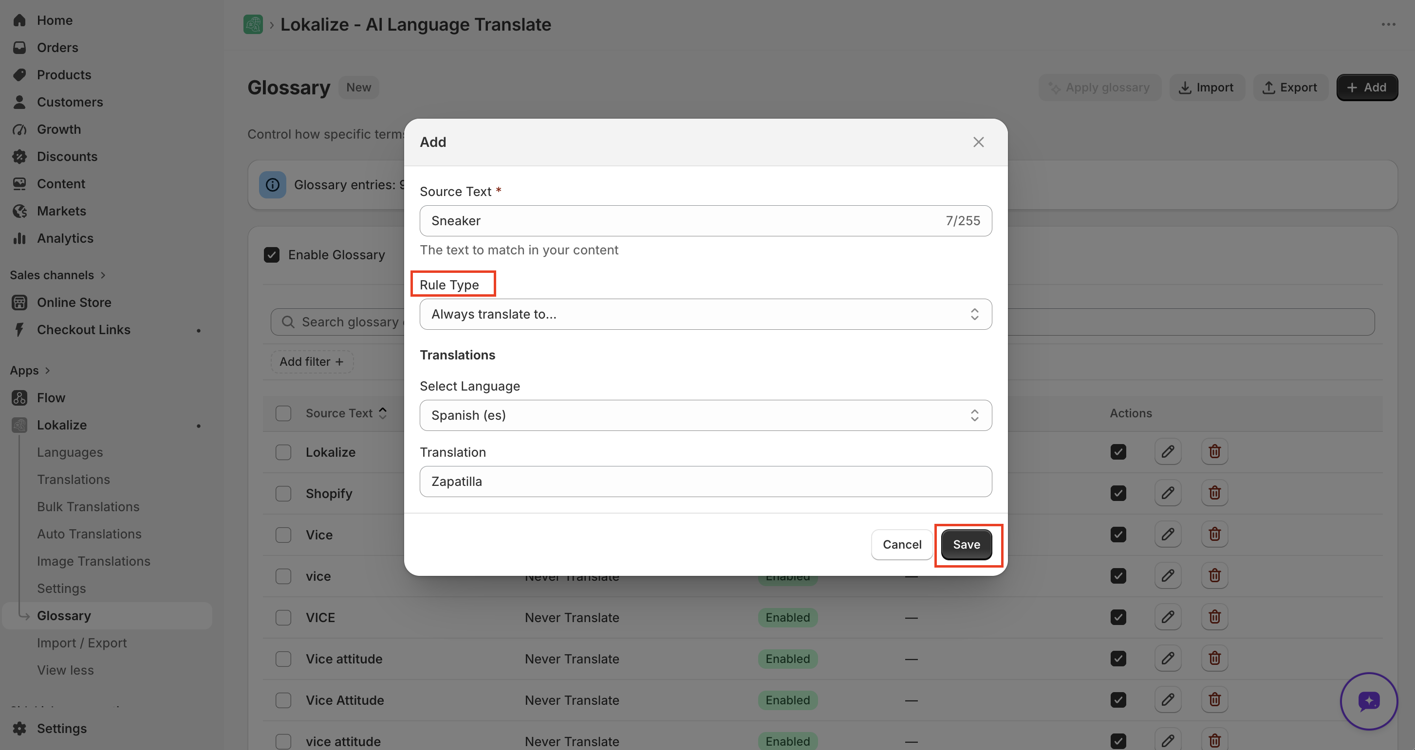 Add glossary entry dialog with source text, rule type, and translation fields