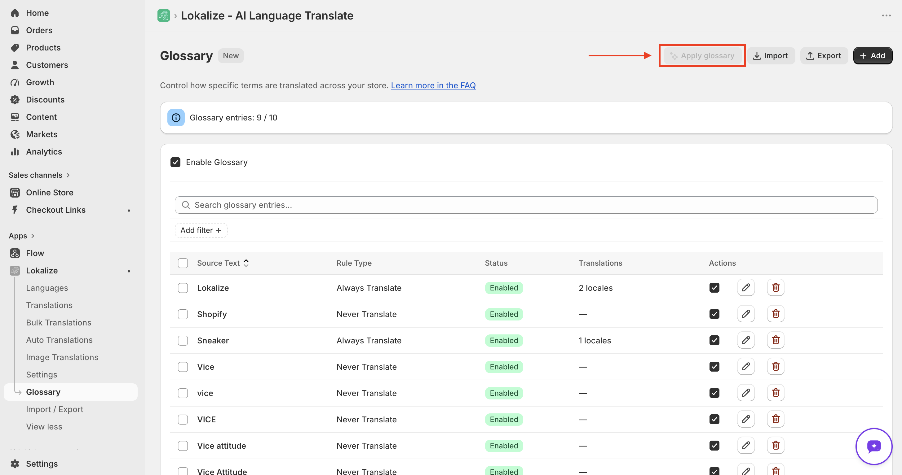 Apply glossary to existing translations button on the Glossary page