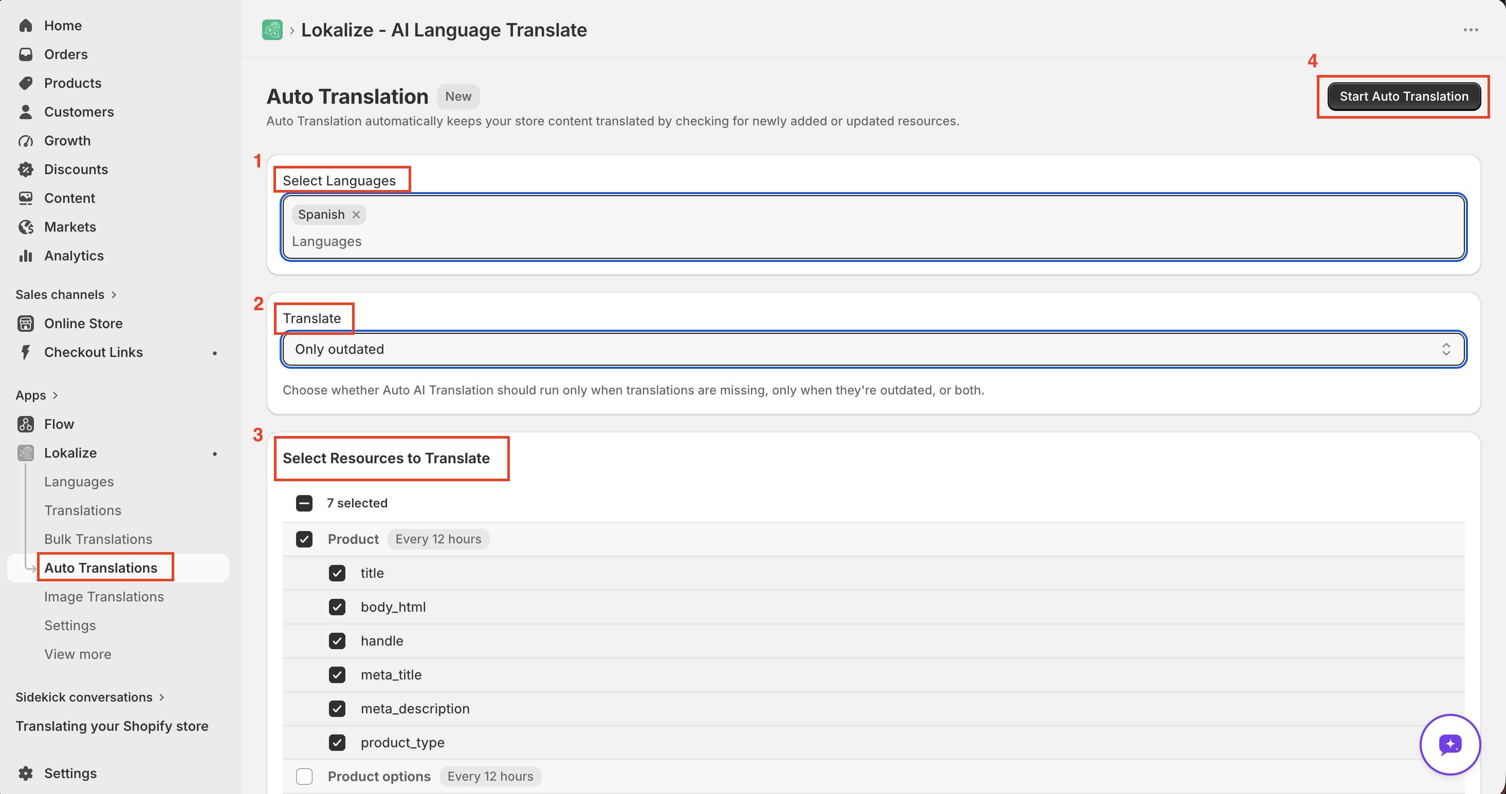 Auto-Translate setup page showing language picker, scope selector, and resource types