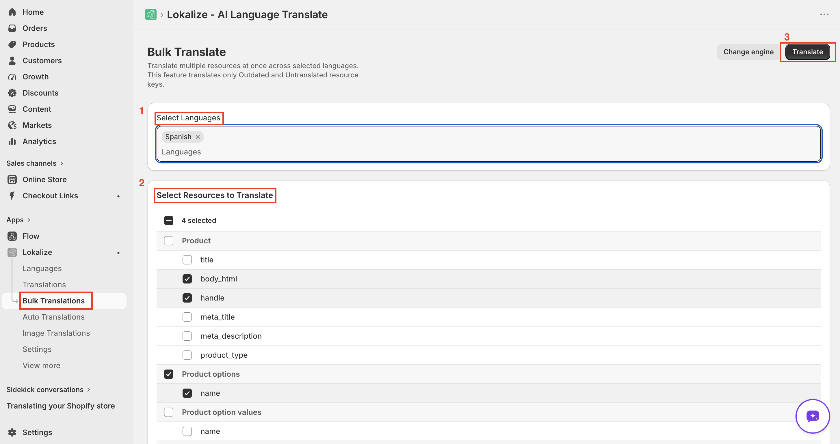 Bulk Translate page showing resource types, language picker, and Translate button