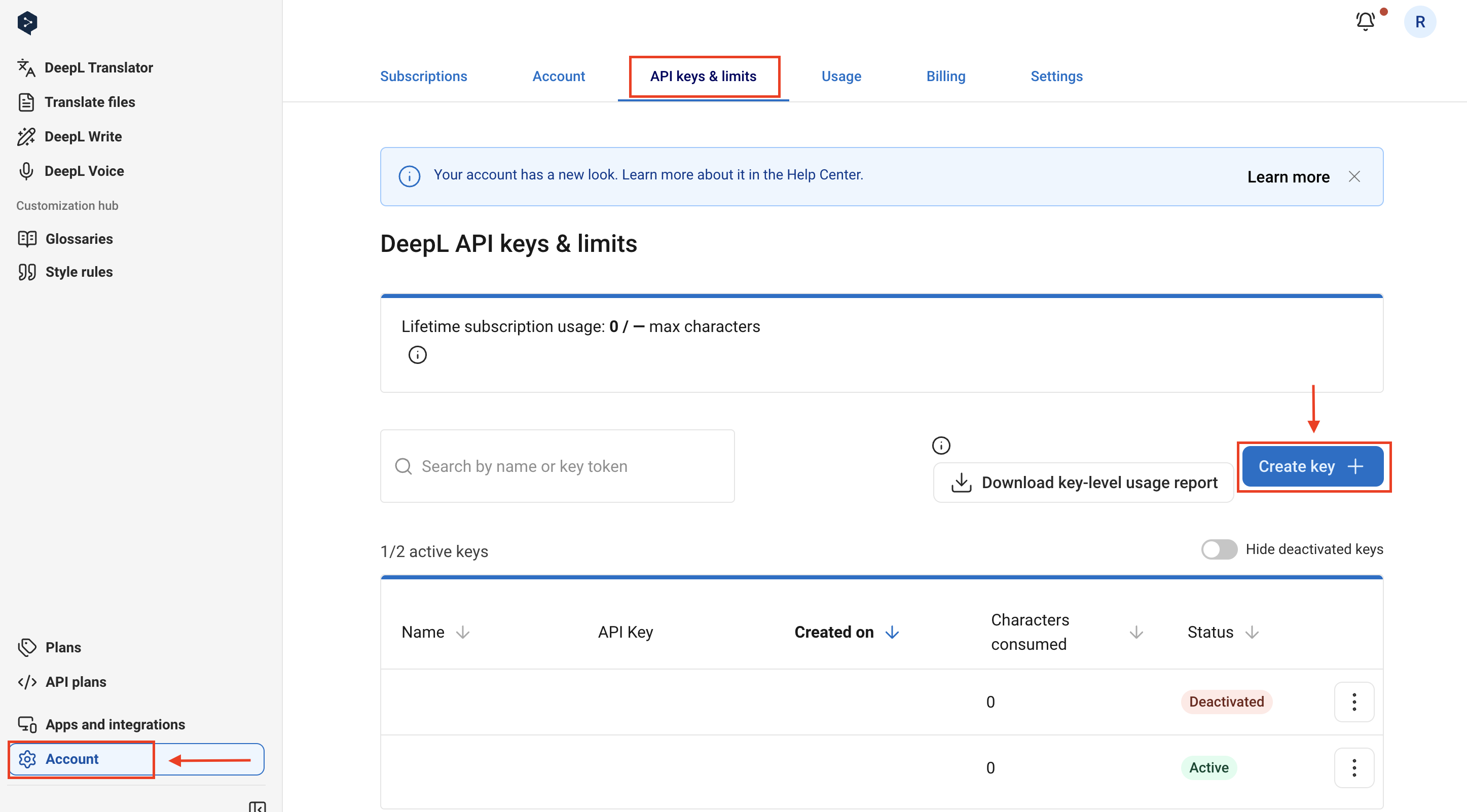 DeepL account page showing the API Keys &amp; limits section
