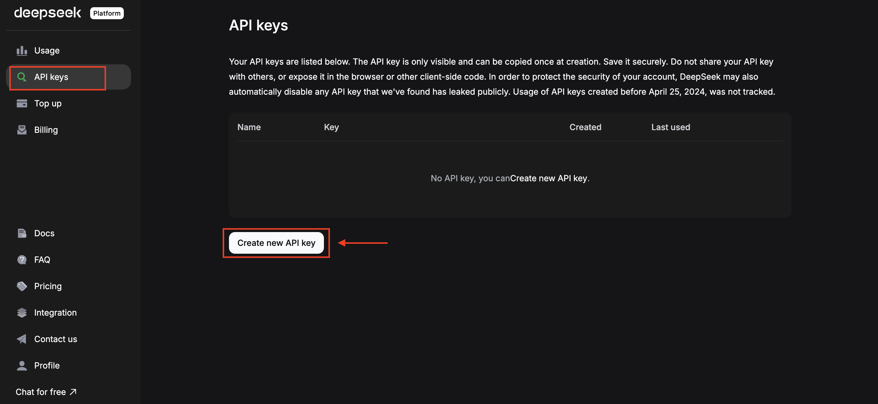 DeepSeek platform showing the API Keys page