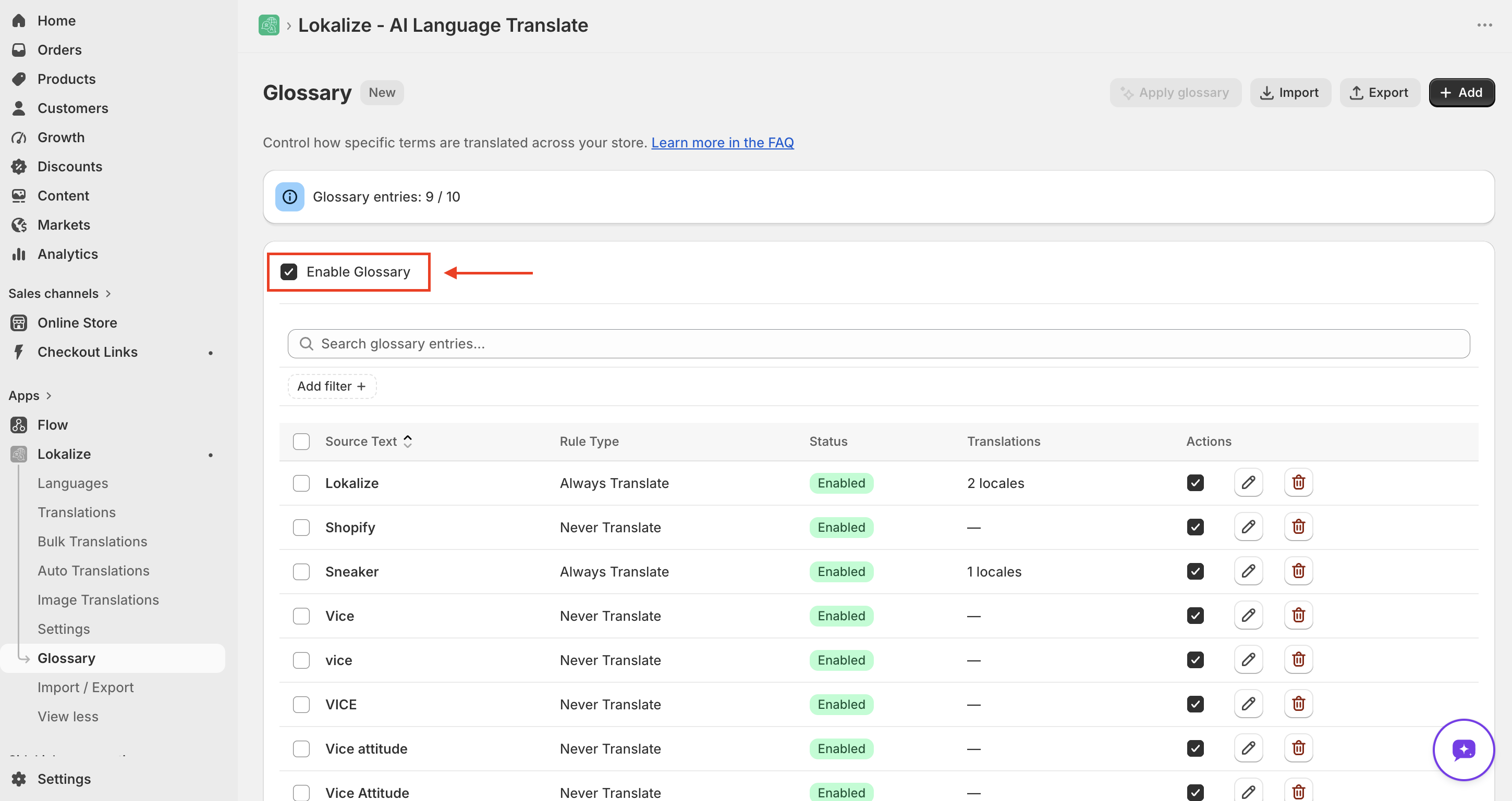 Glossary page with the Enable Glossary toggle highlighted