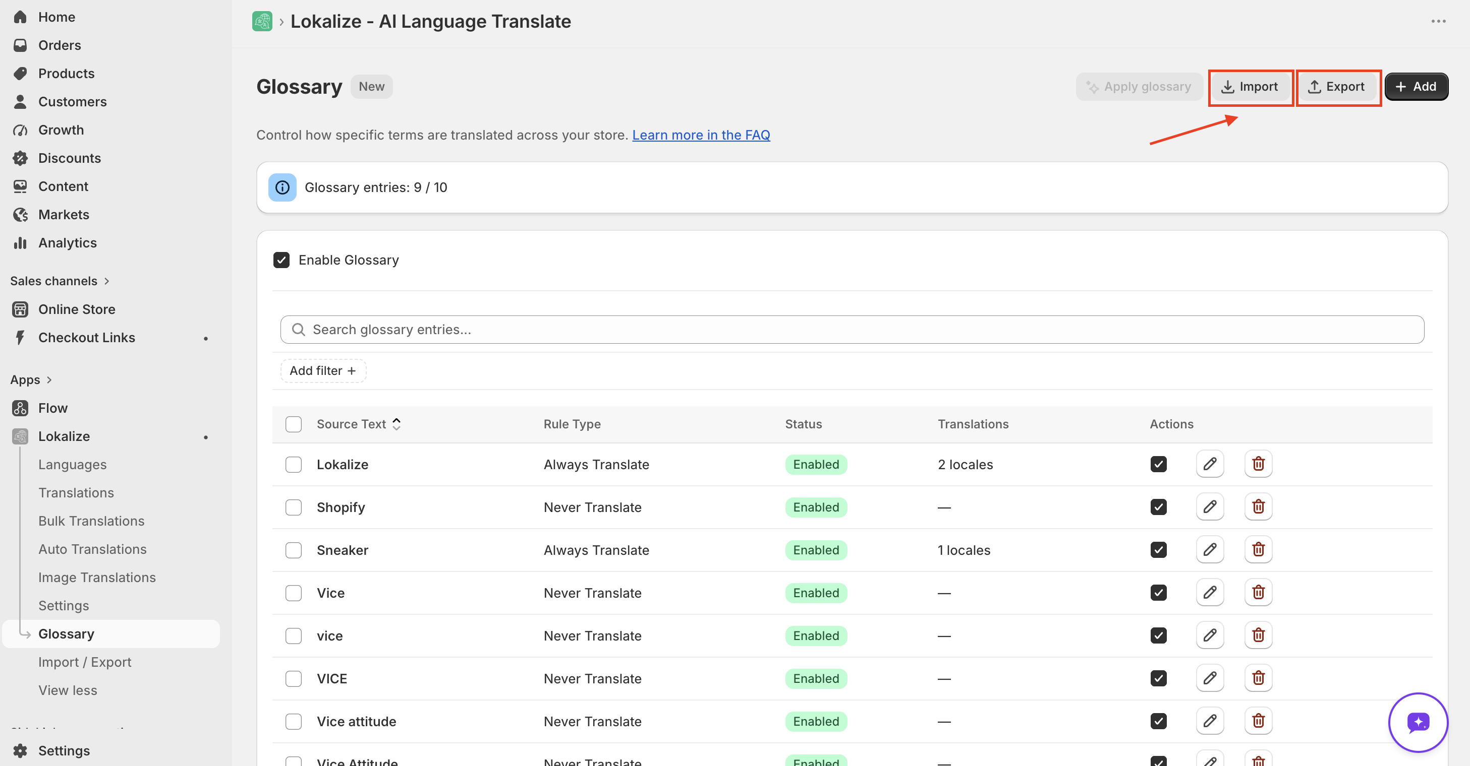 Glossary page with the Import and Export buttons highlighted