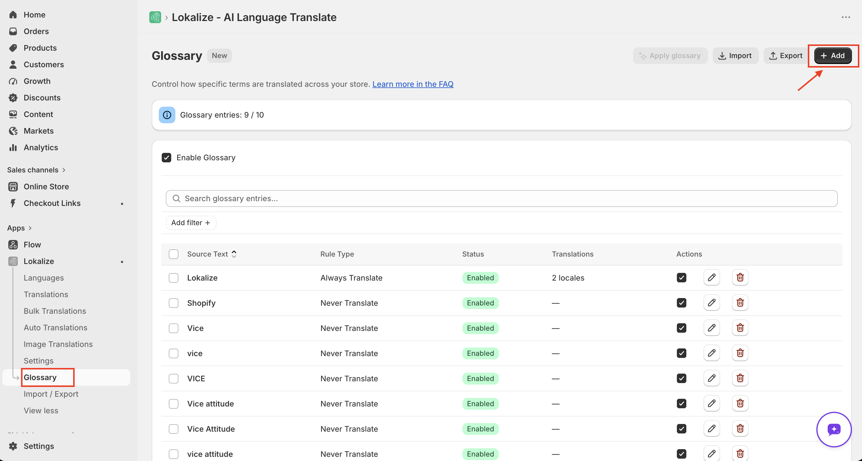 Glossary page with the Add button highlighted