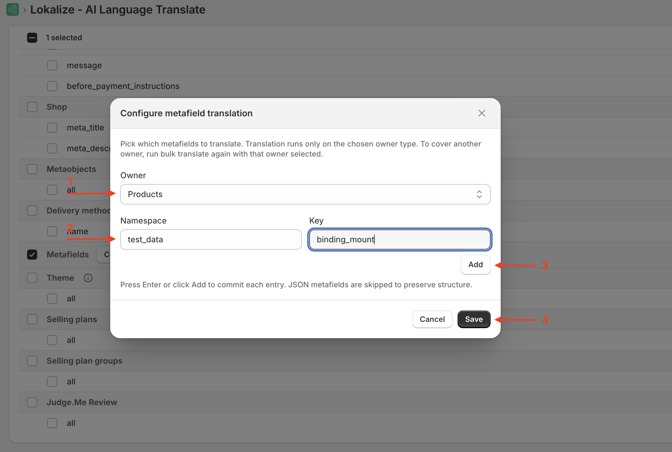 Metafields configuration modal with namespace.key entries added
