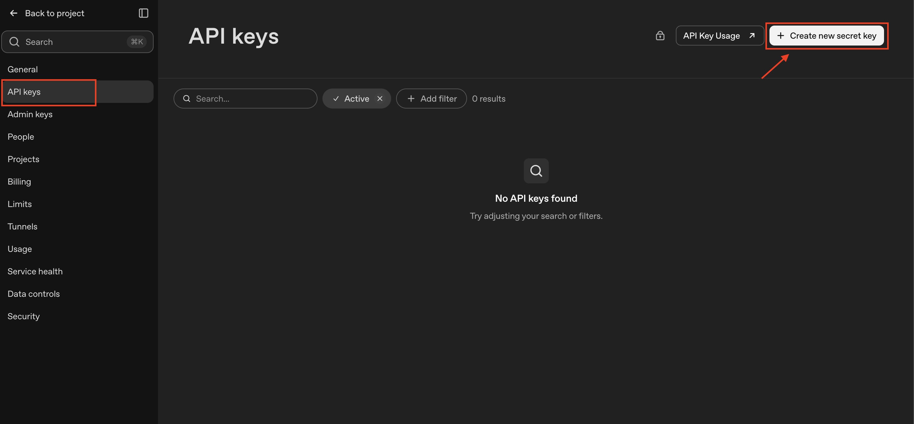 OpenAI platform showing the API Keys page
