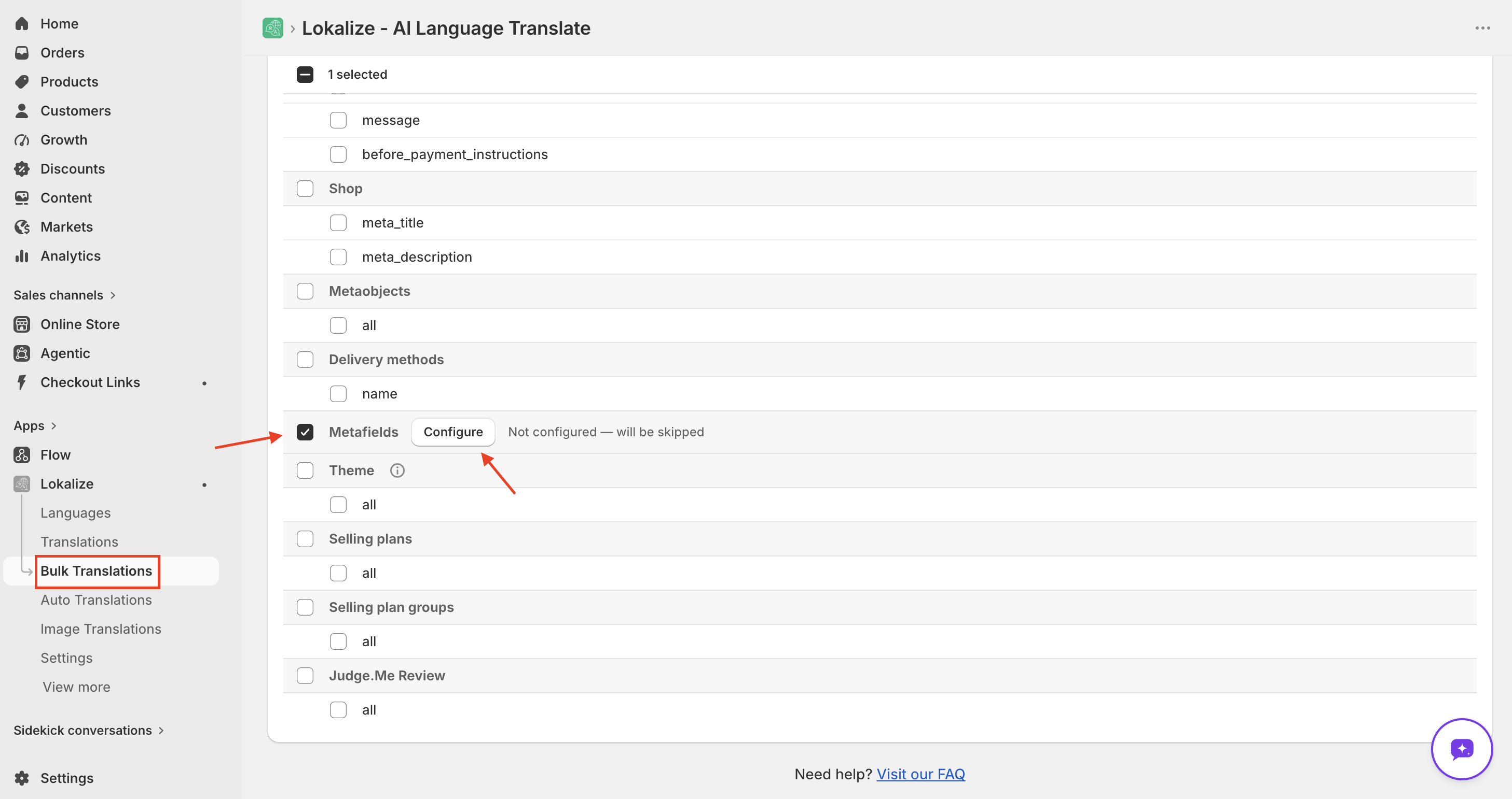 Bulk Translate page with the Metafields row ticked and Configure button highlighted
