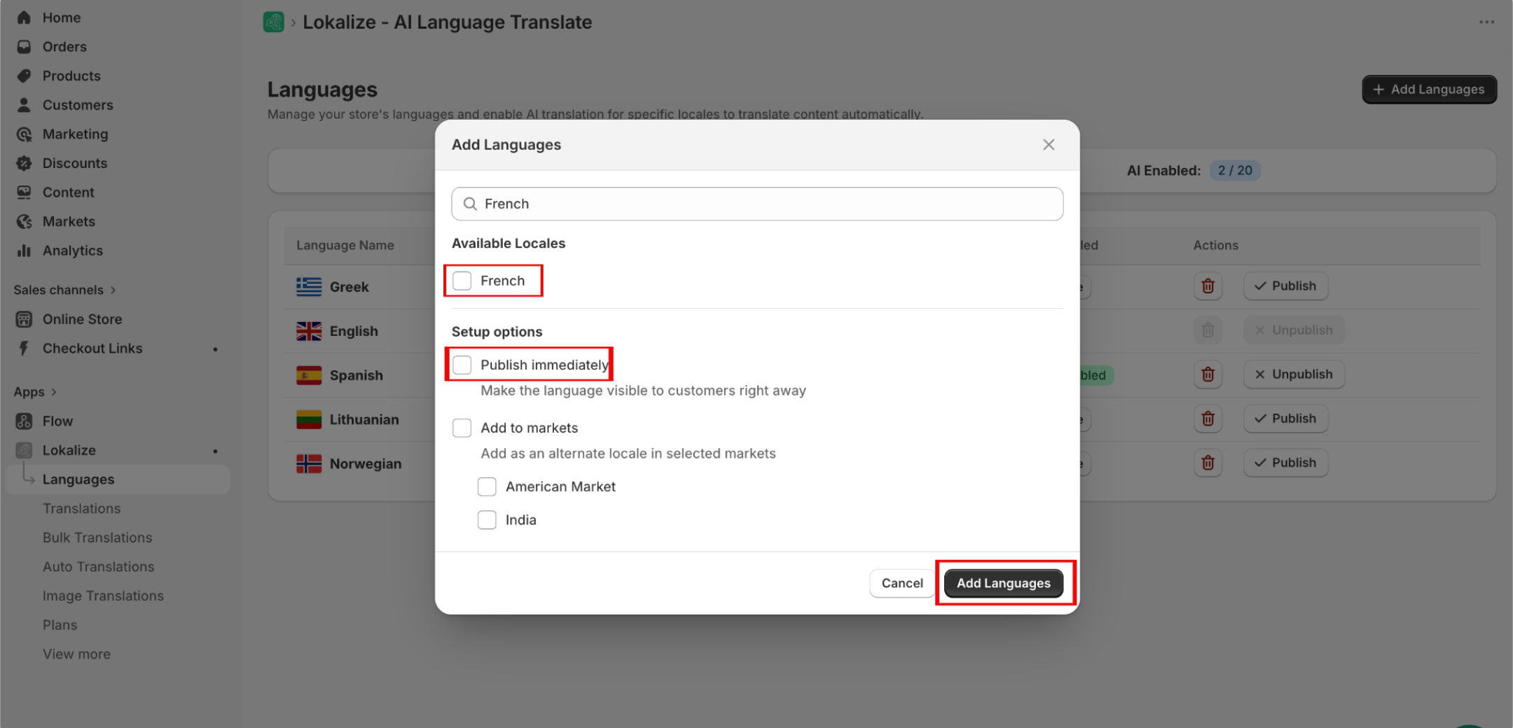 Add Languages dialog with a language selected and set to publish immediately