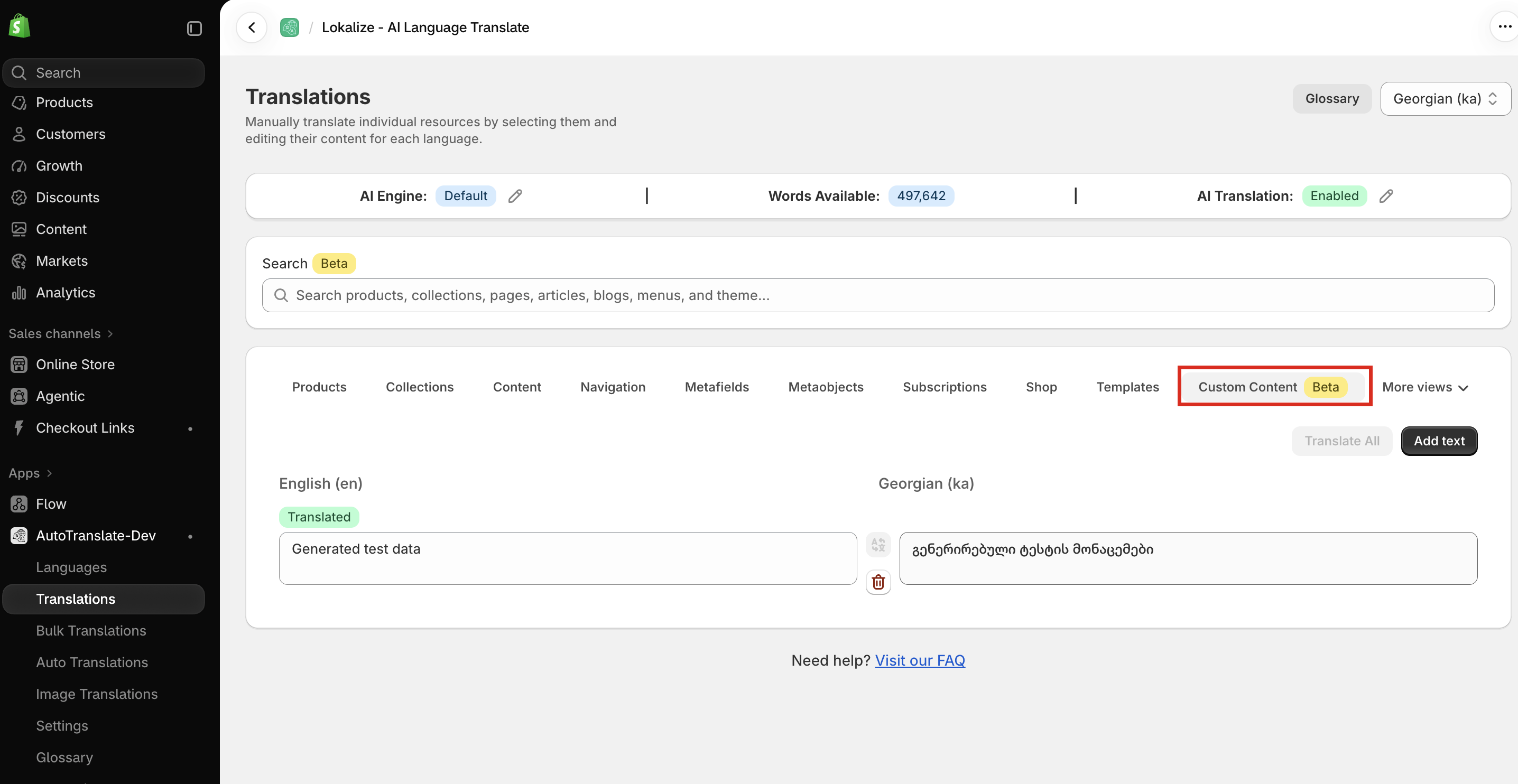 Translations page with the Custom Content tab highlighted in the tab bar