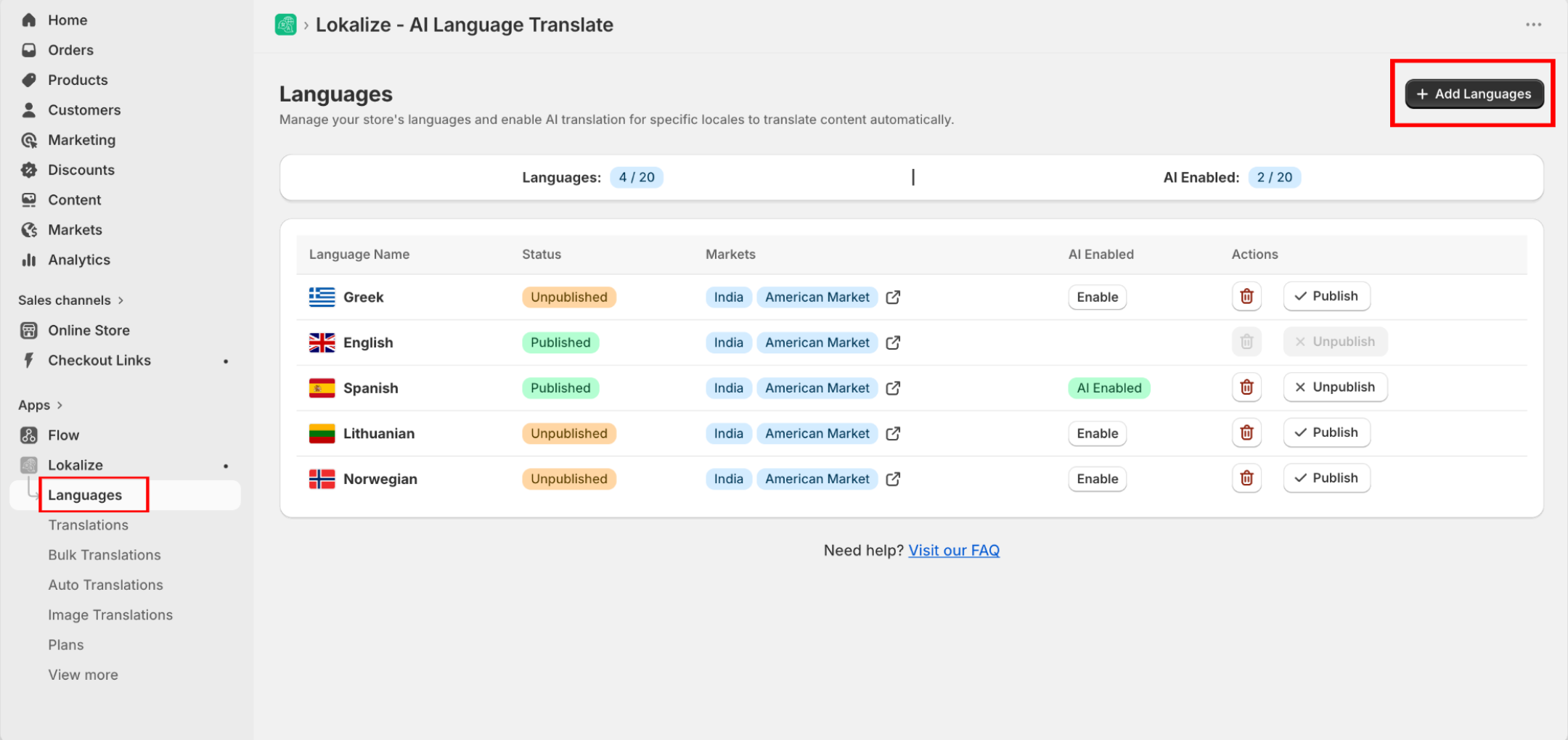 Languages page with the Add Languages button highlighted