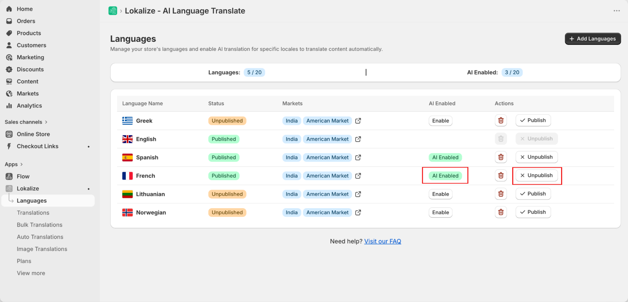 Languages page with the new language AI Enabled and published