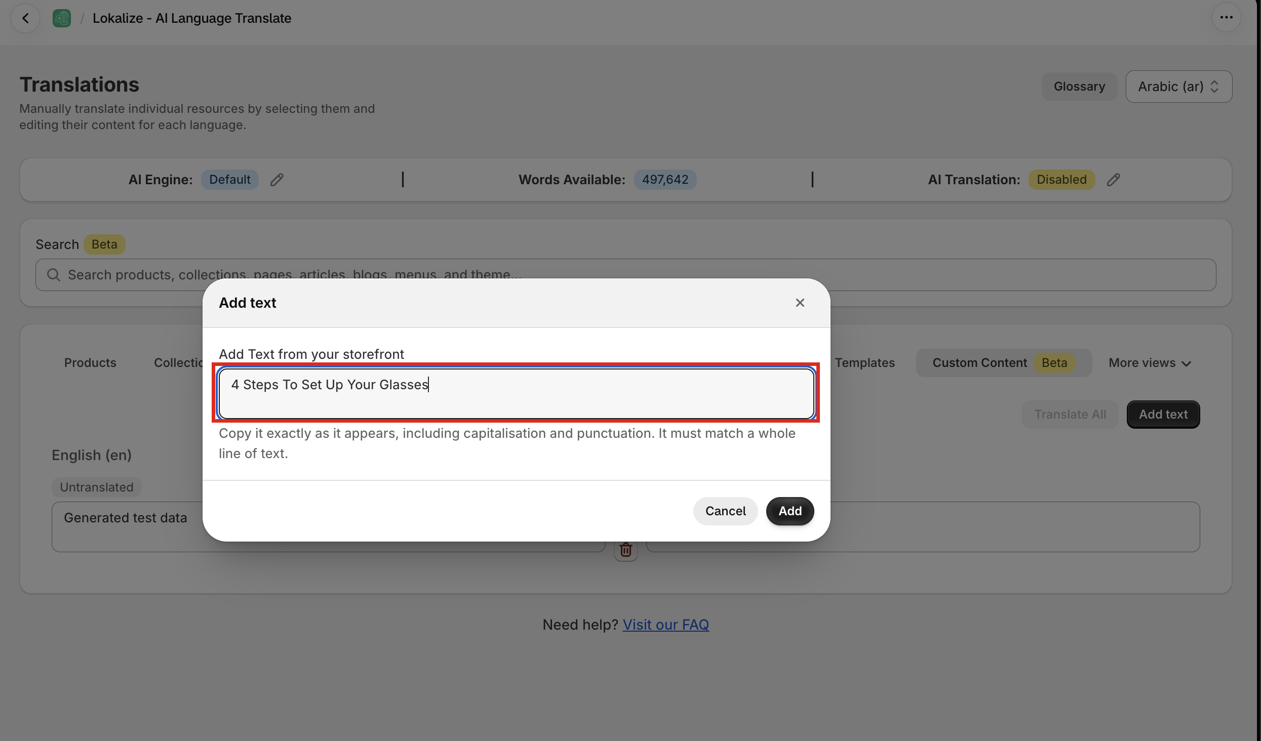 Add text dialog with the storefront text pasted into the field