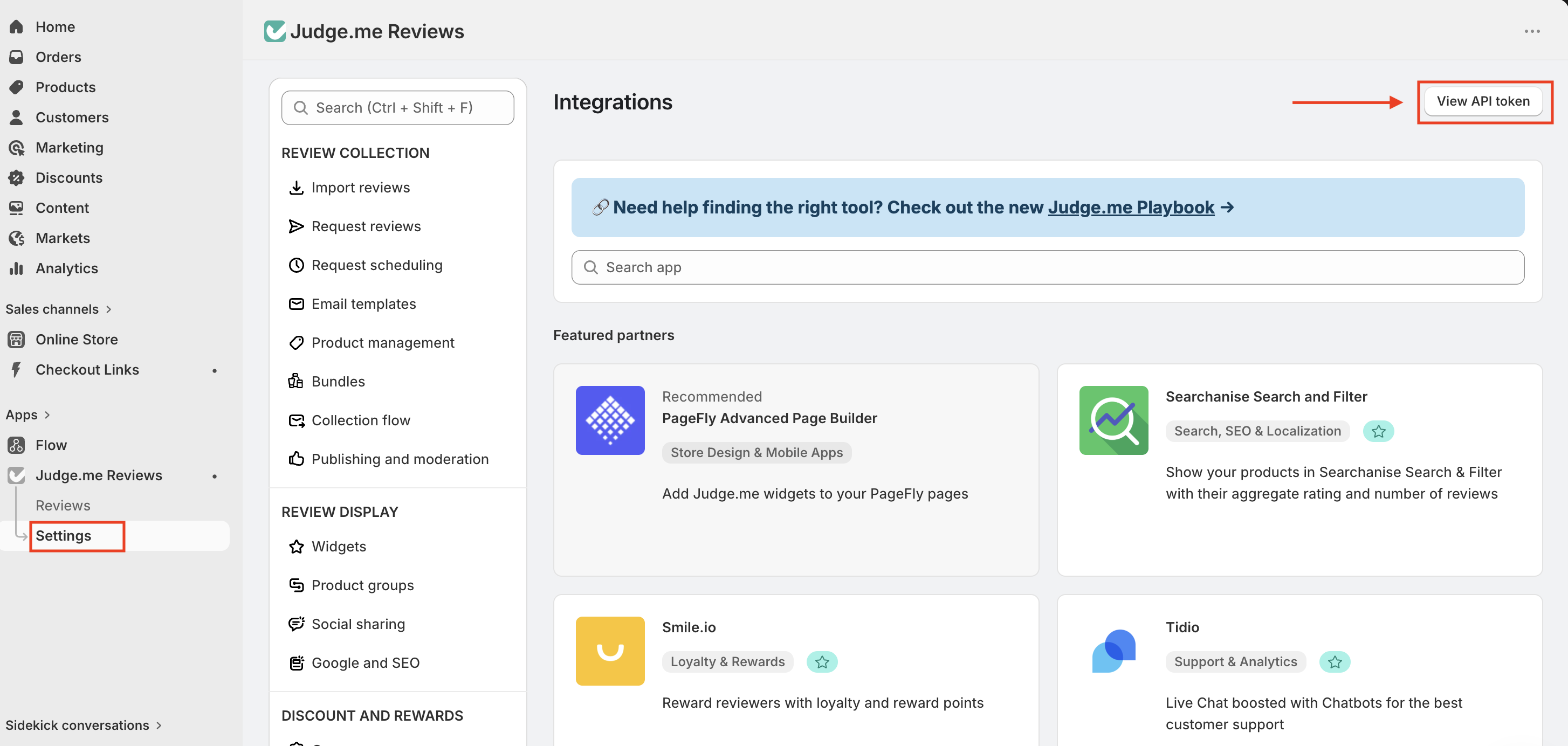 Judge.me Integrations page with the View API token button highlighted