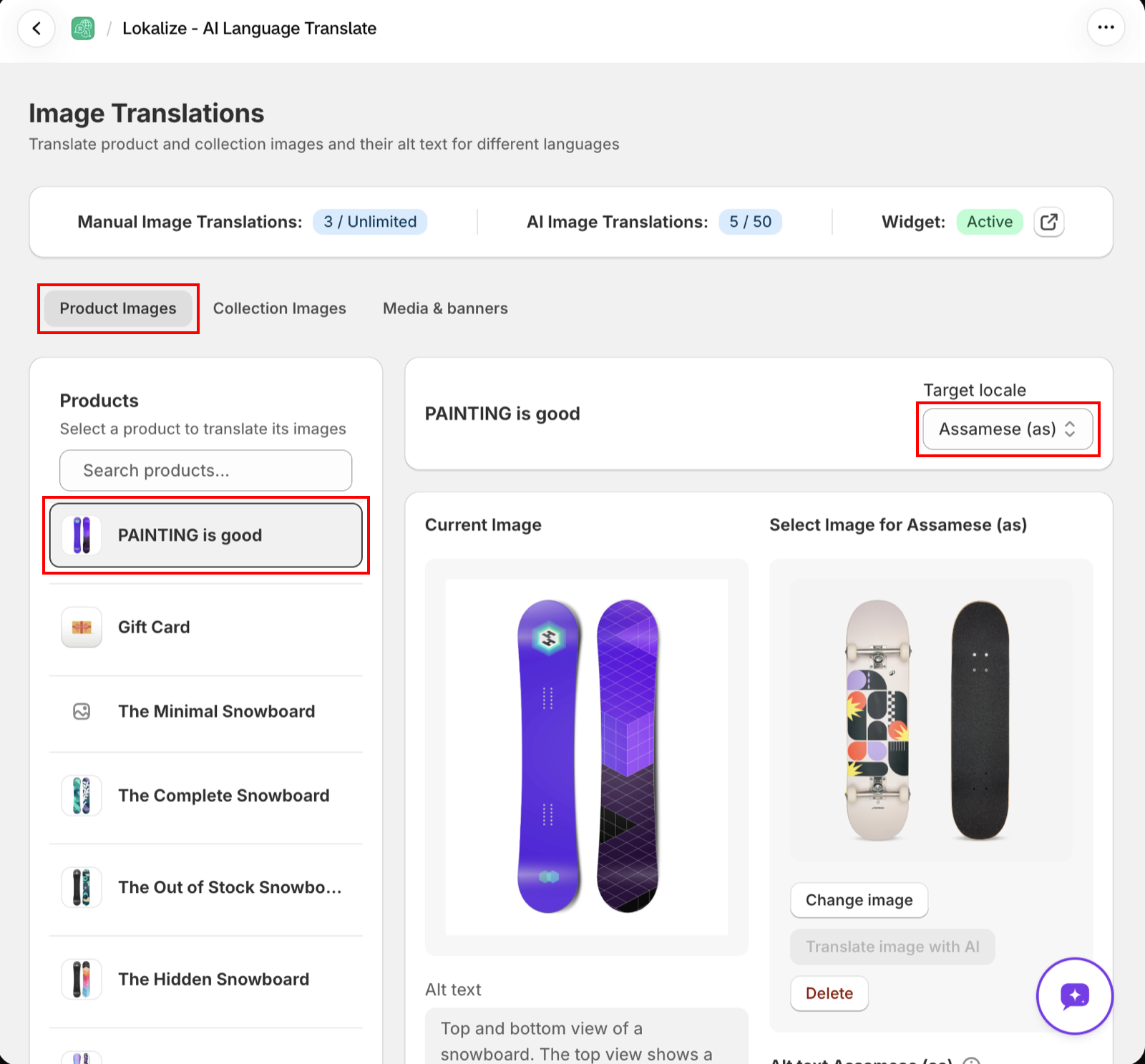 Image Translations page with a product selected, the Target locale dropdown, and the Current Image next to the image for the selected language