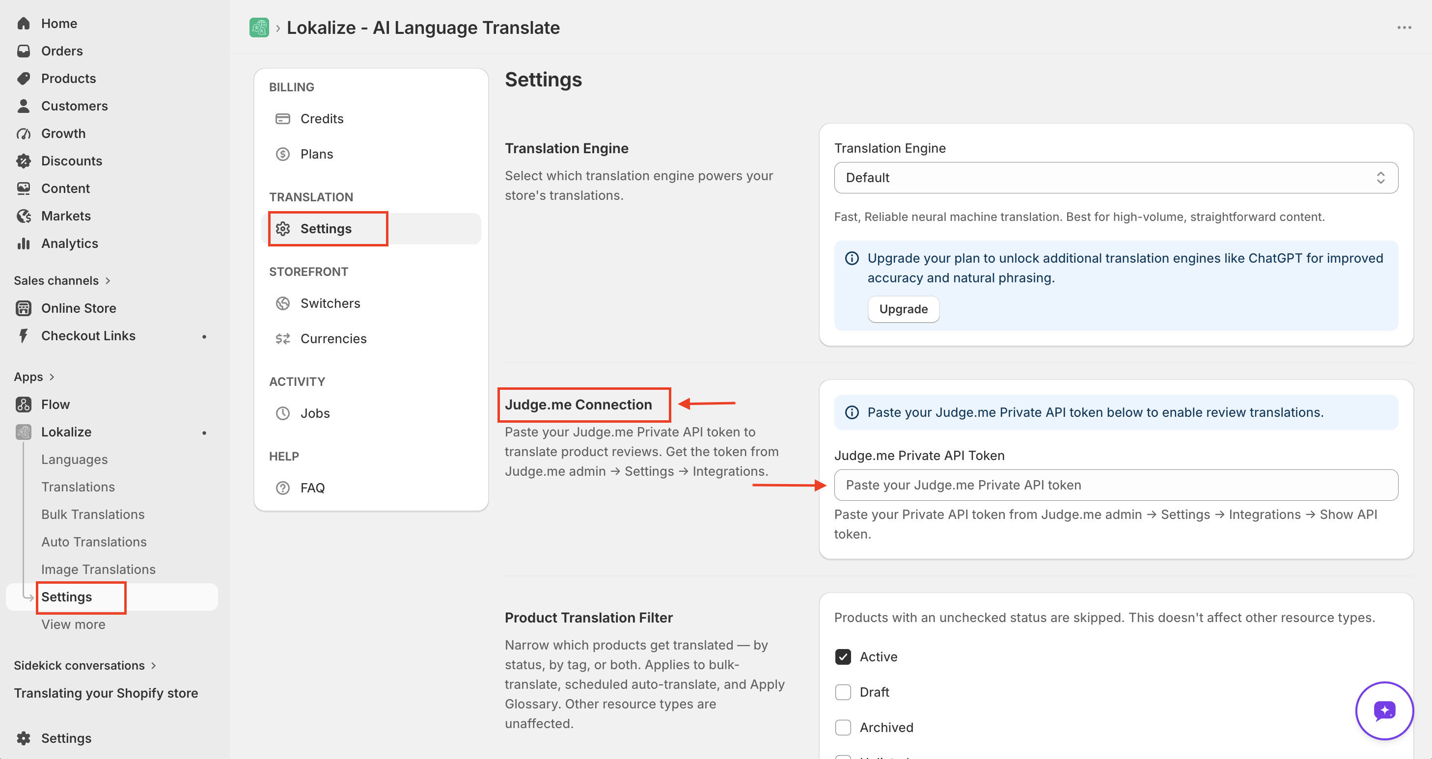 Account Settings showing the Judge.me Connection card with the Private API token field