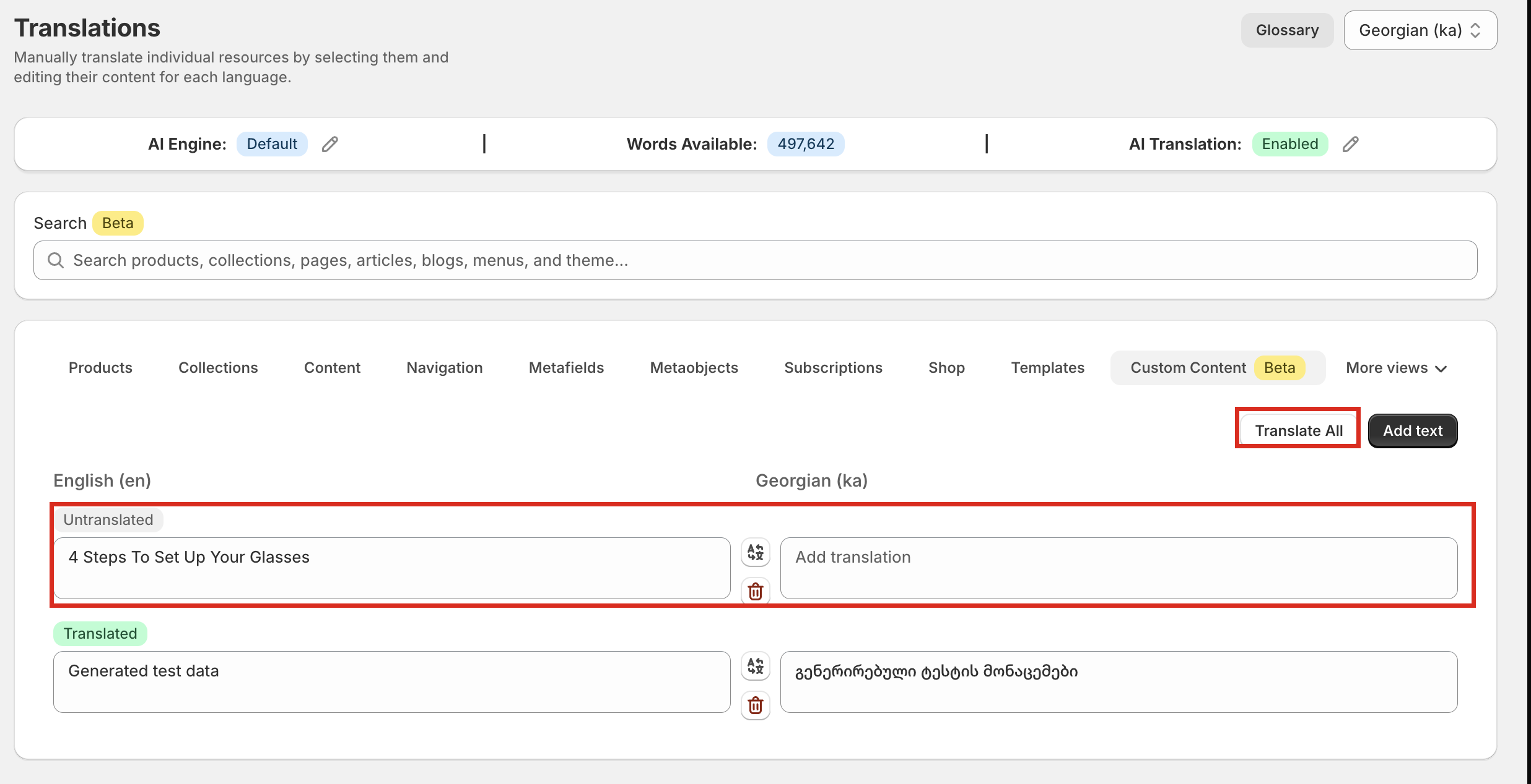 The newly added text listed as Untranslated, with the Translate All button now available