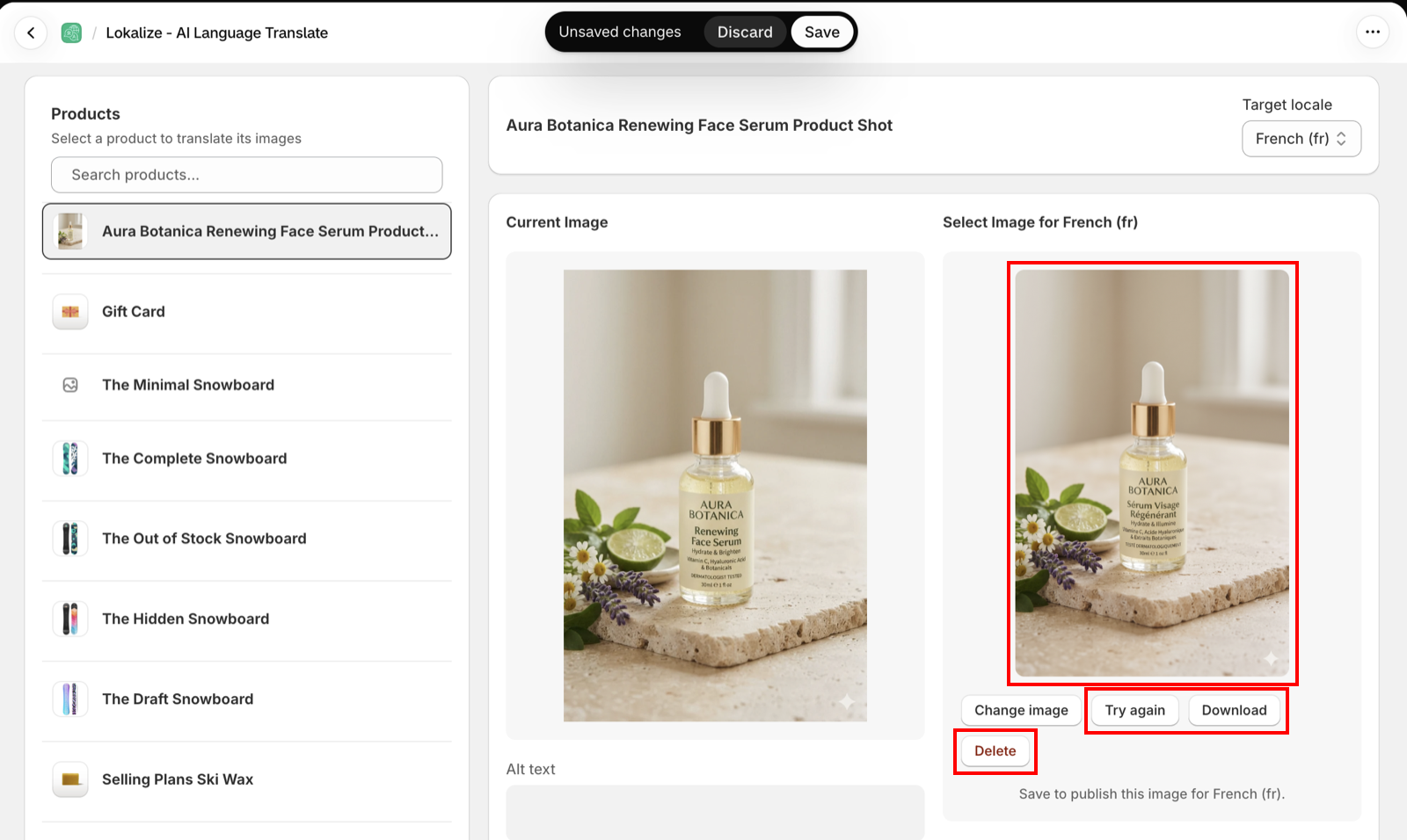 The original image on the left and the AI-translated French image on the right, with Try again, Download, and Delete buttons