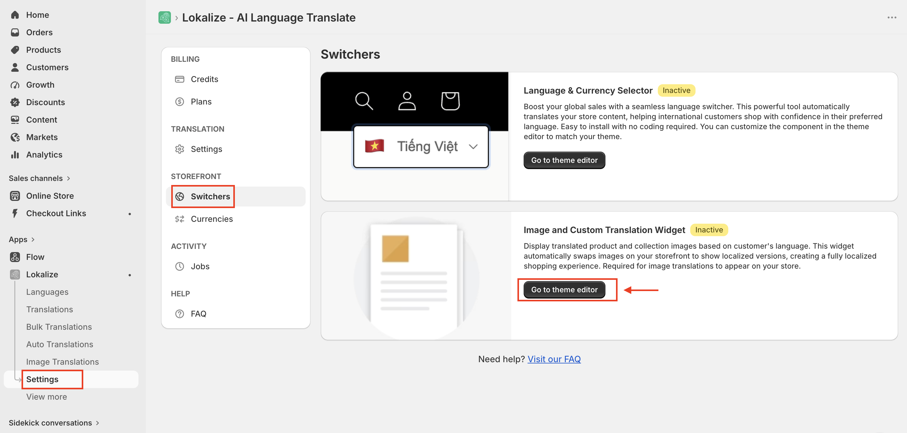 Switchers page with the Image and Custom Translation Widget card and its Customize button