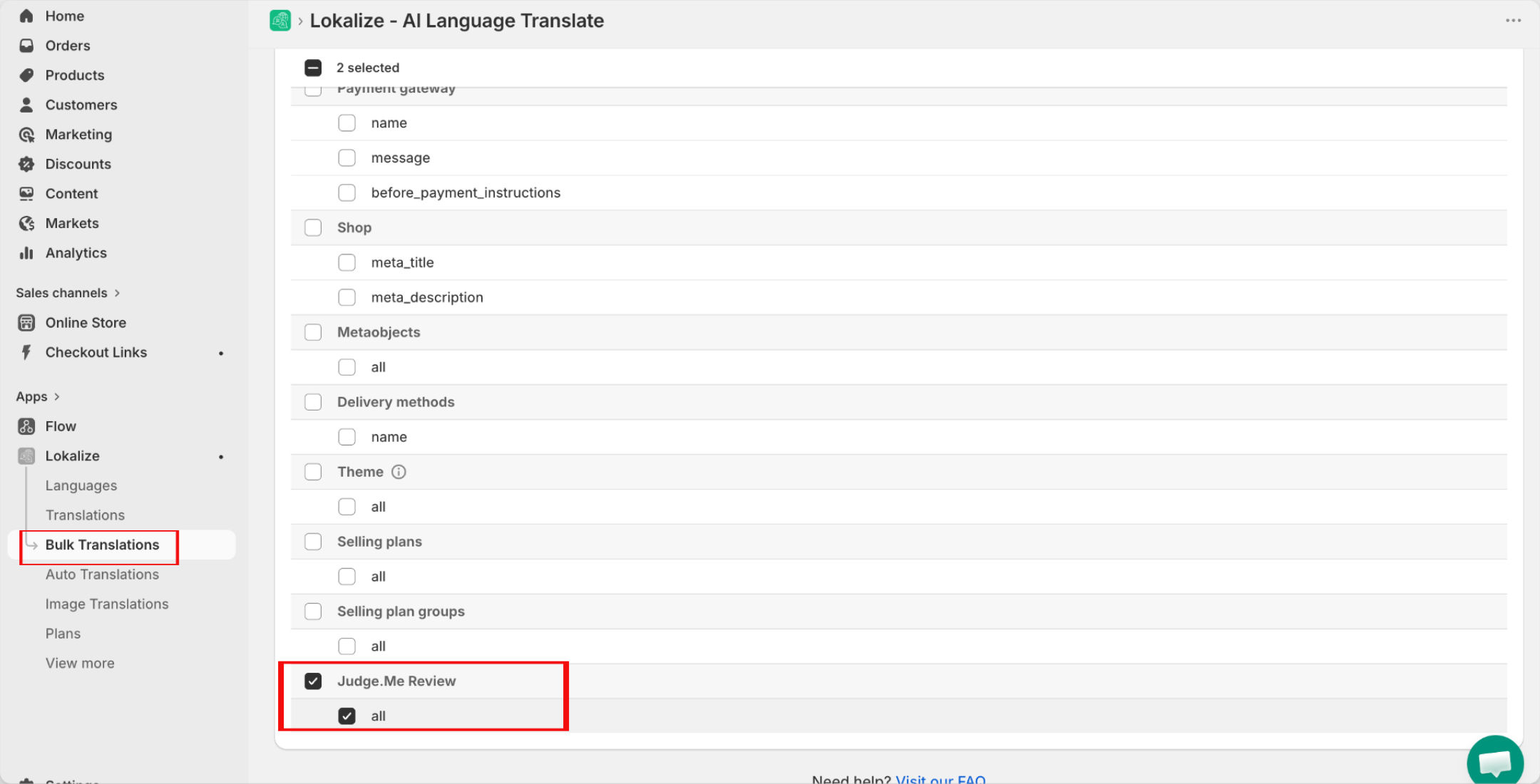 Bulk Translate resource list with Judge.Me Review ticked