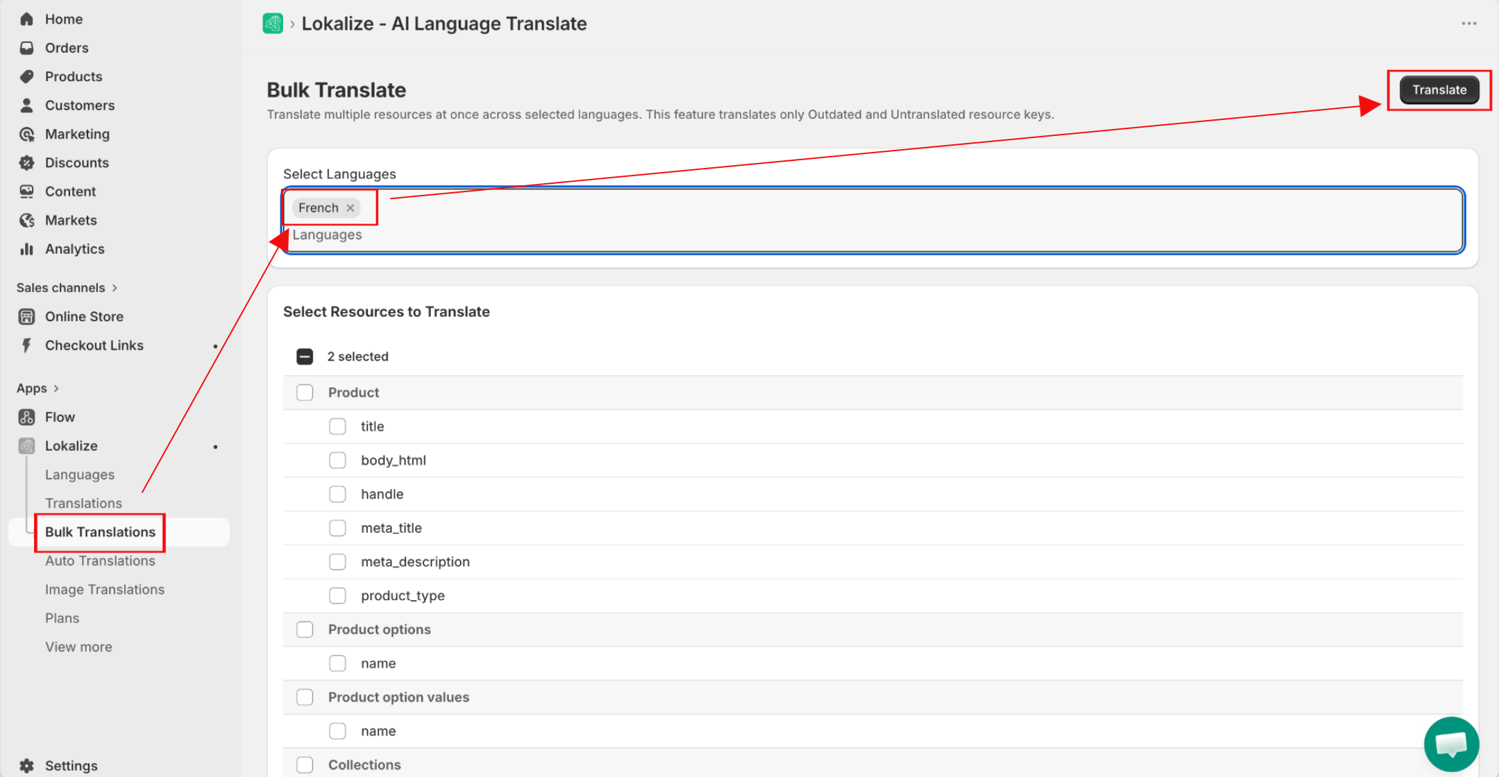 Bulk Translate page with target languages selected and the Translate button