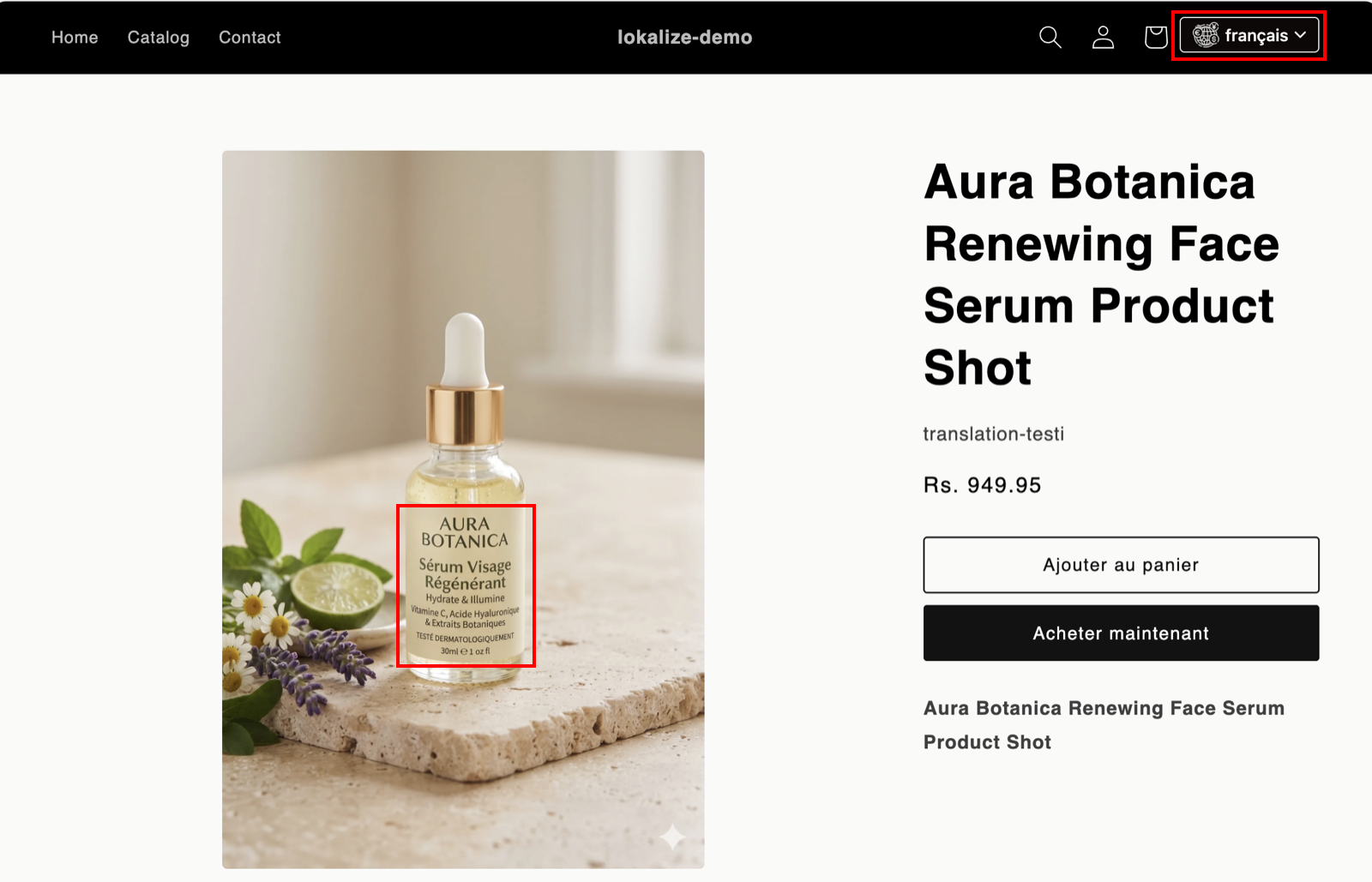 The storefront in French showing the translated product image