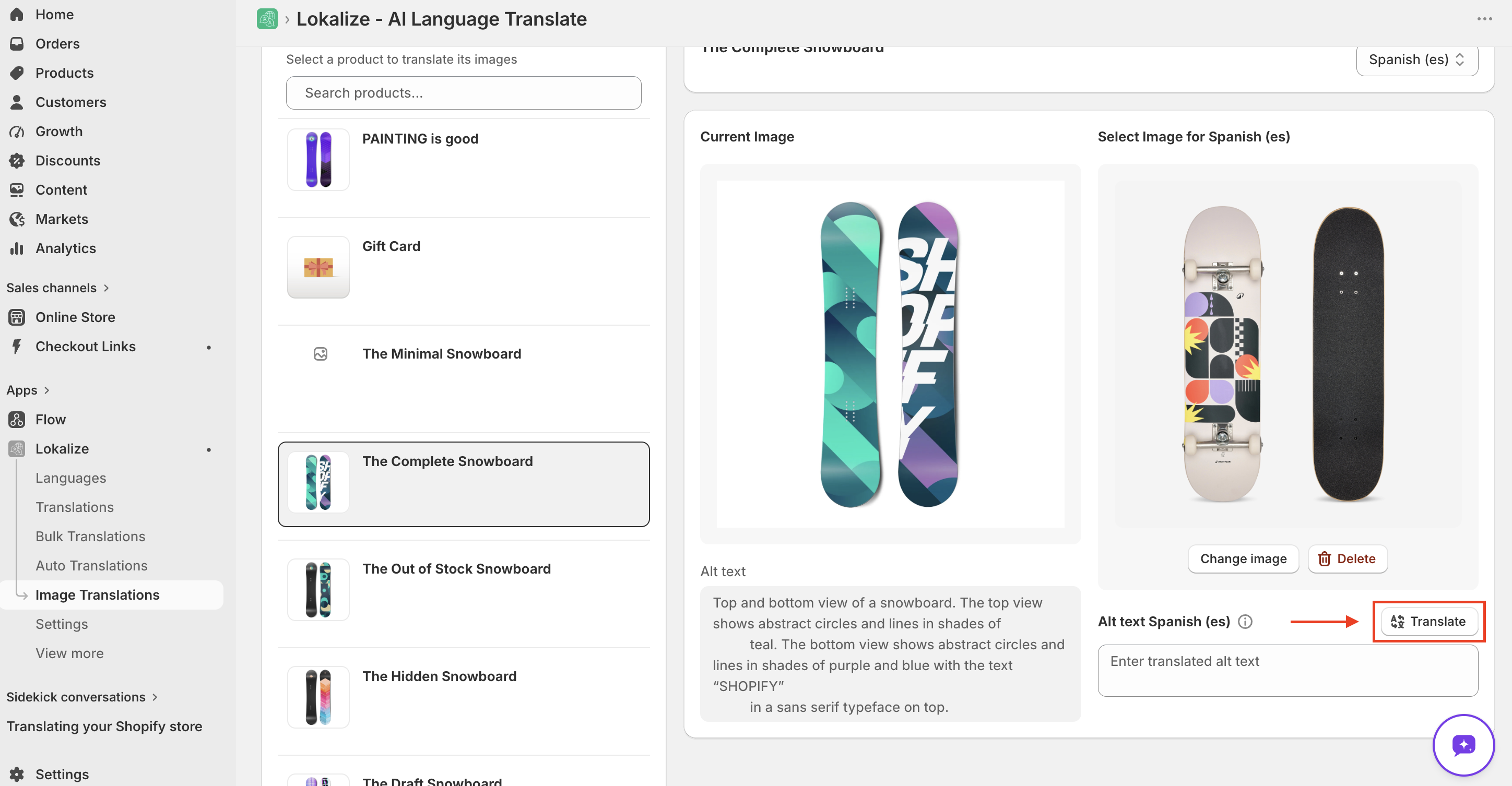 Alt text field with the Translate button highlighted