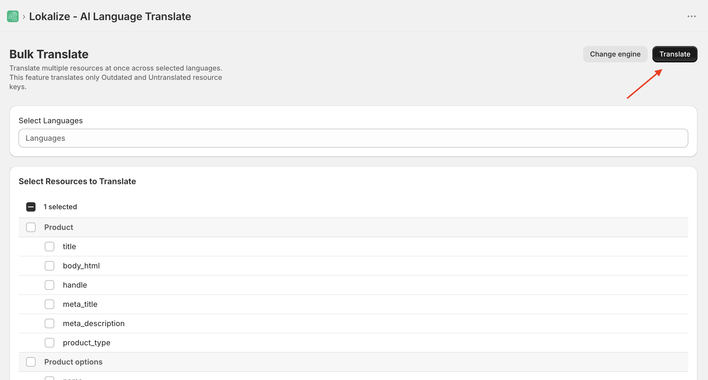 Bulk Translate page ready to run with metafields configured