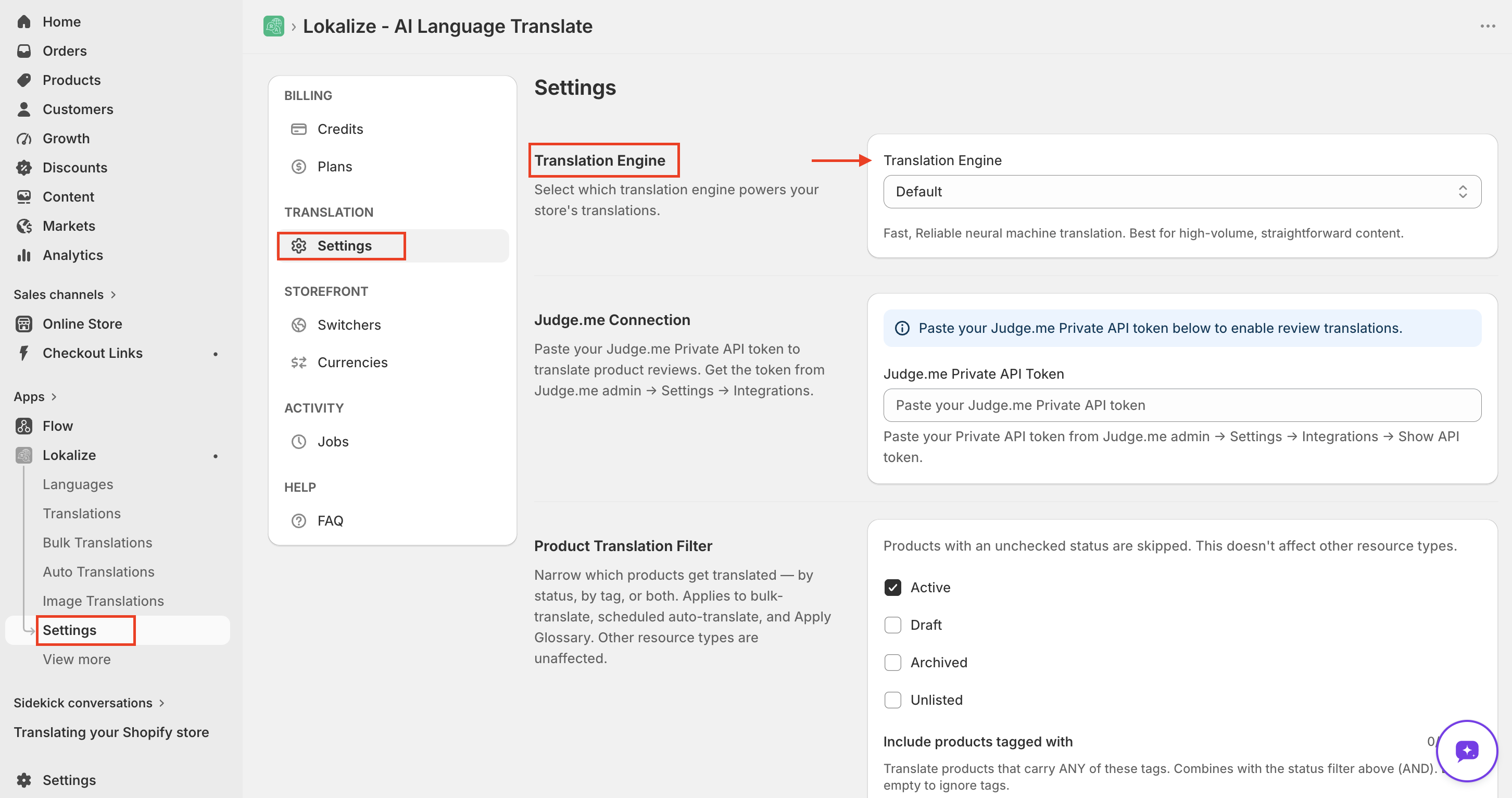 Translation Settings page showing the Translation Engine selector